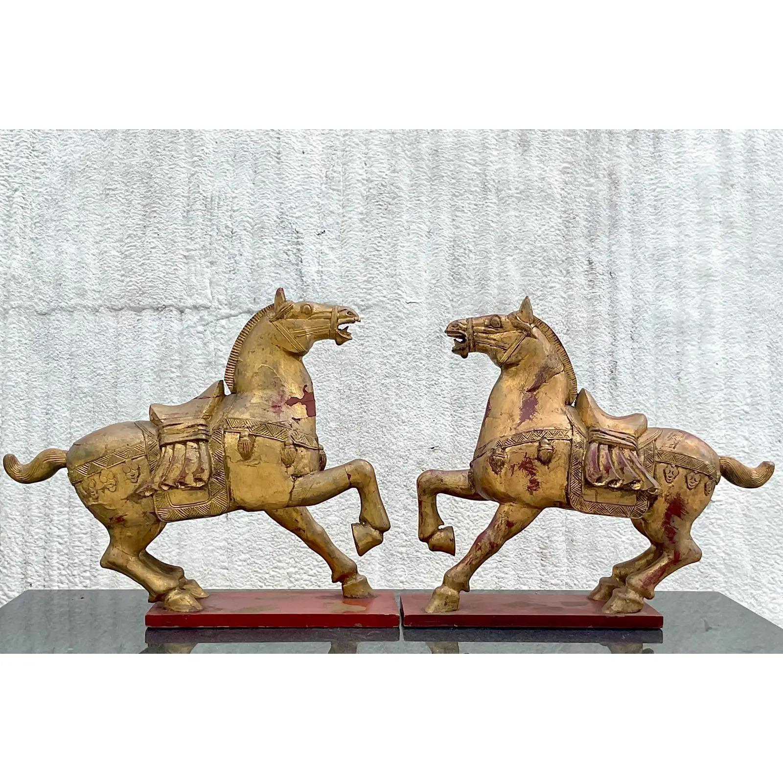20th Century Vintage Asian Gilt Carved Wooden Emperor Horses - a Pair For Sale