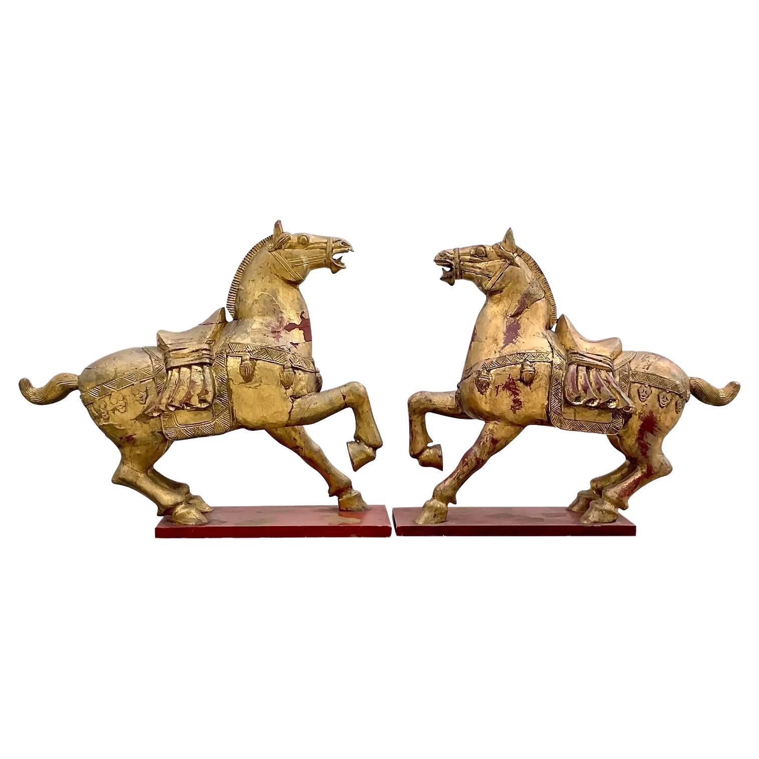 Vintage Asian Gilt Carved Wooden Emperor Horses - a Pair For Sale