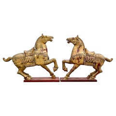 Vintage Asian Gilt Carved Wooden Emperor Horses, a Pair