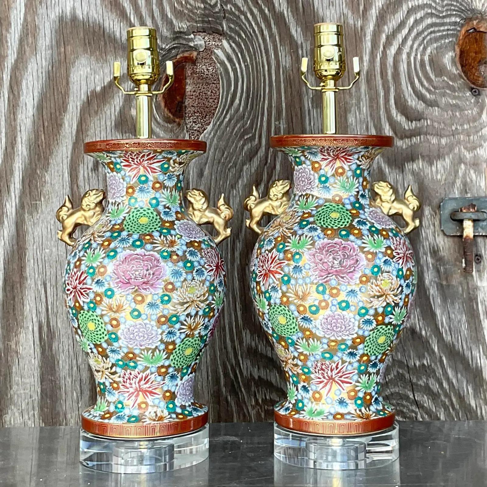 North American Vintage Asian Gilt Floral Table Lamps, Pair