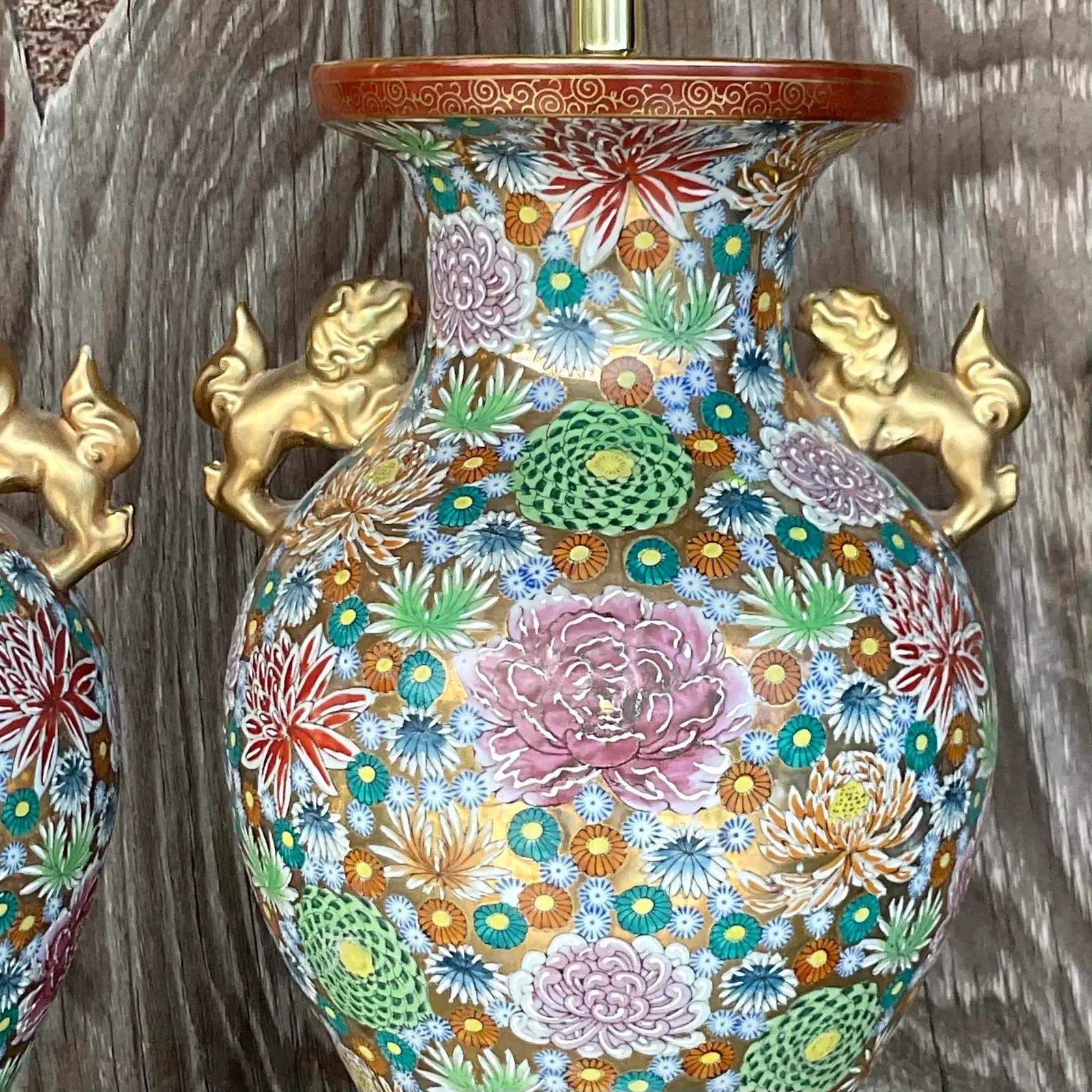 Vintage Asian Gilt Floral Table Lamps, Pair In Good Condition In west palm beach, FL