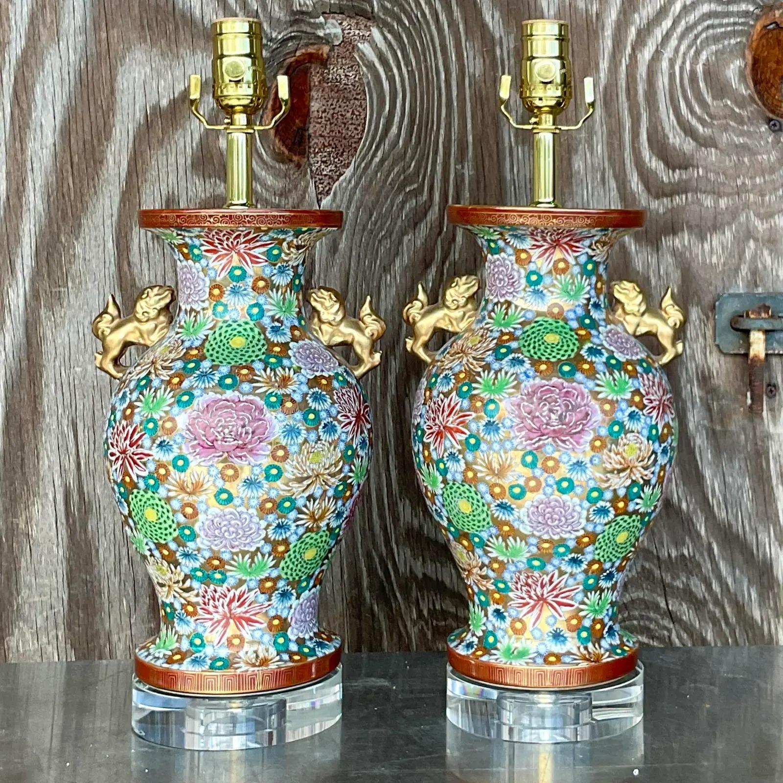 20th Century Vintage Asian Gilt Floral Table Lamps, Pair