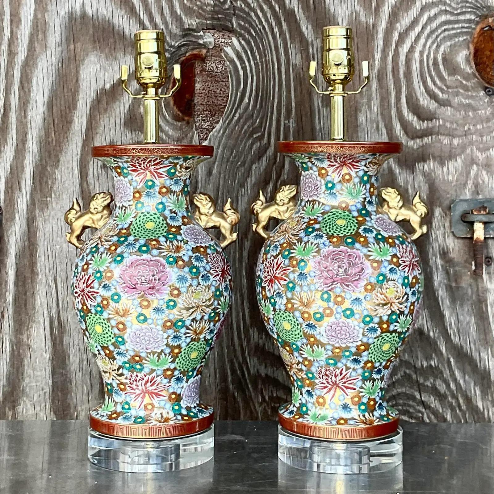 Lucite Vintage Asian Gilt Floral Table Lamps, Pair