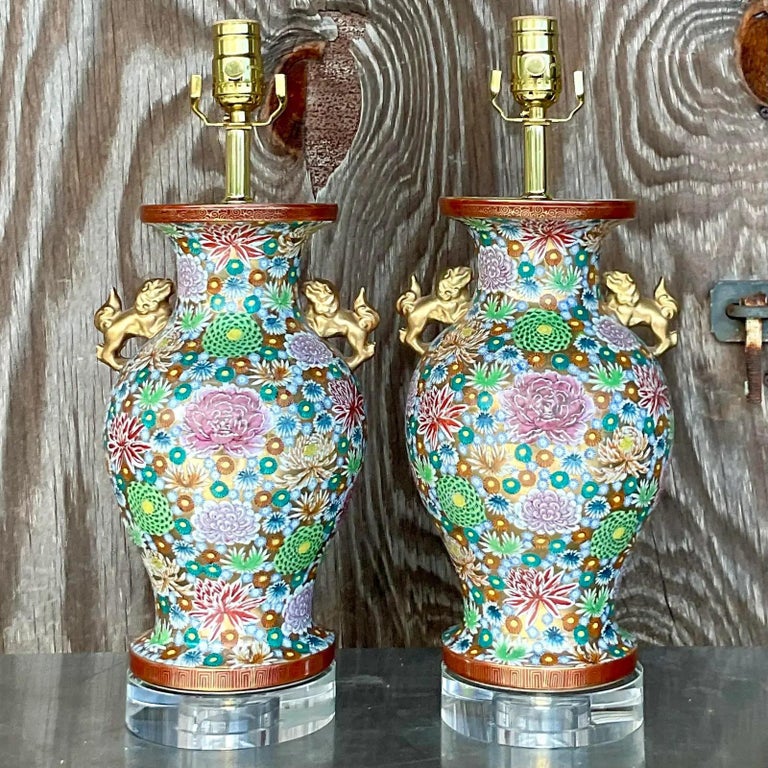 Vintage Asian Gilt Floral Table Lamps, Pair For Sale at 1stDibs