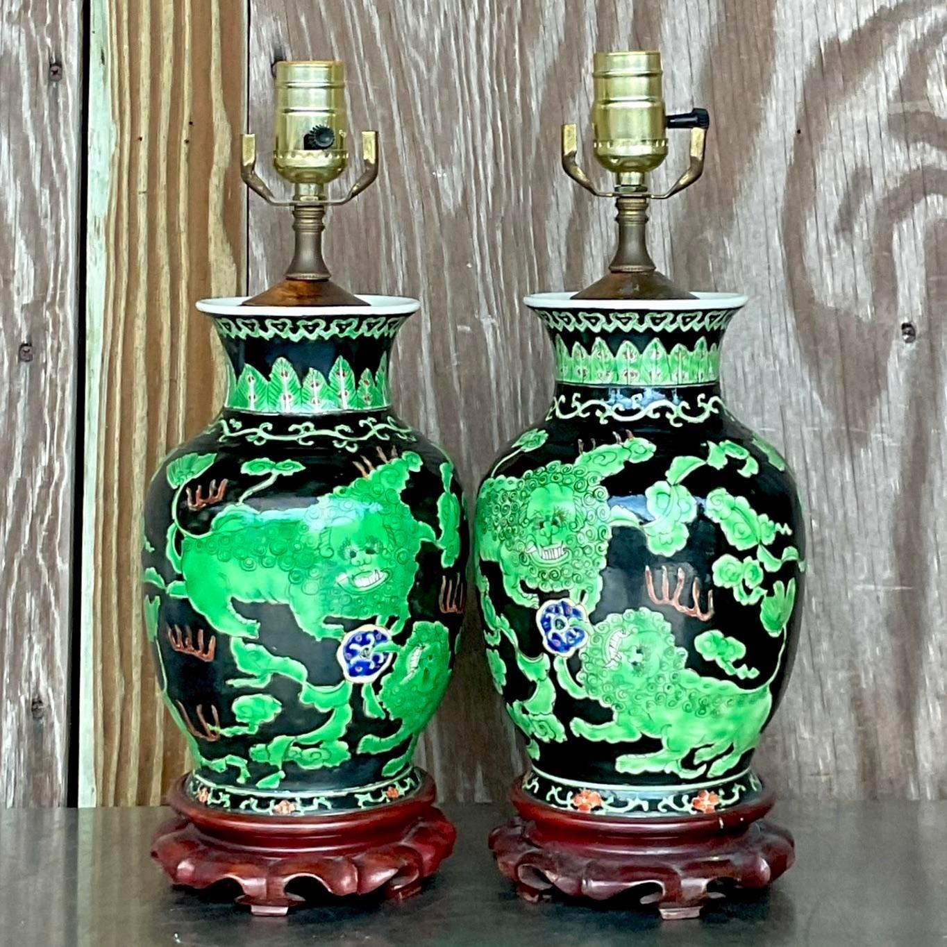 Chinese Vintage Asian Ginger Jar Dragon Lamps - a Pair