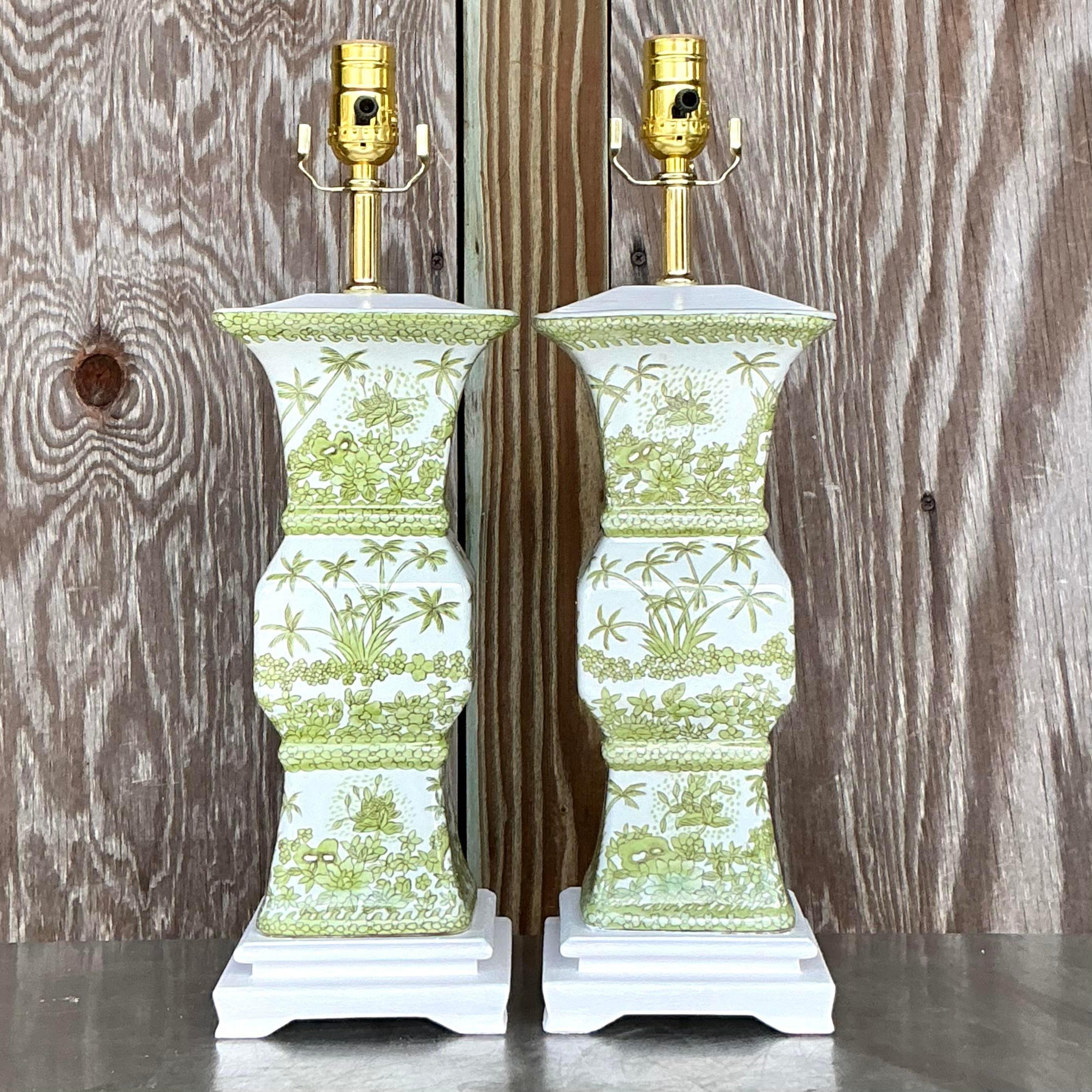 Vintage Asian Glazed Ceramic Chinoiserie Lamps - a Pair In Good Condition In west palm beach, FL