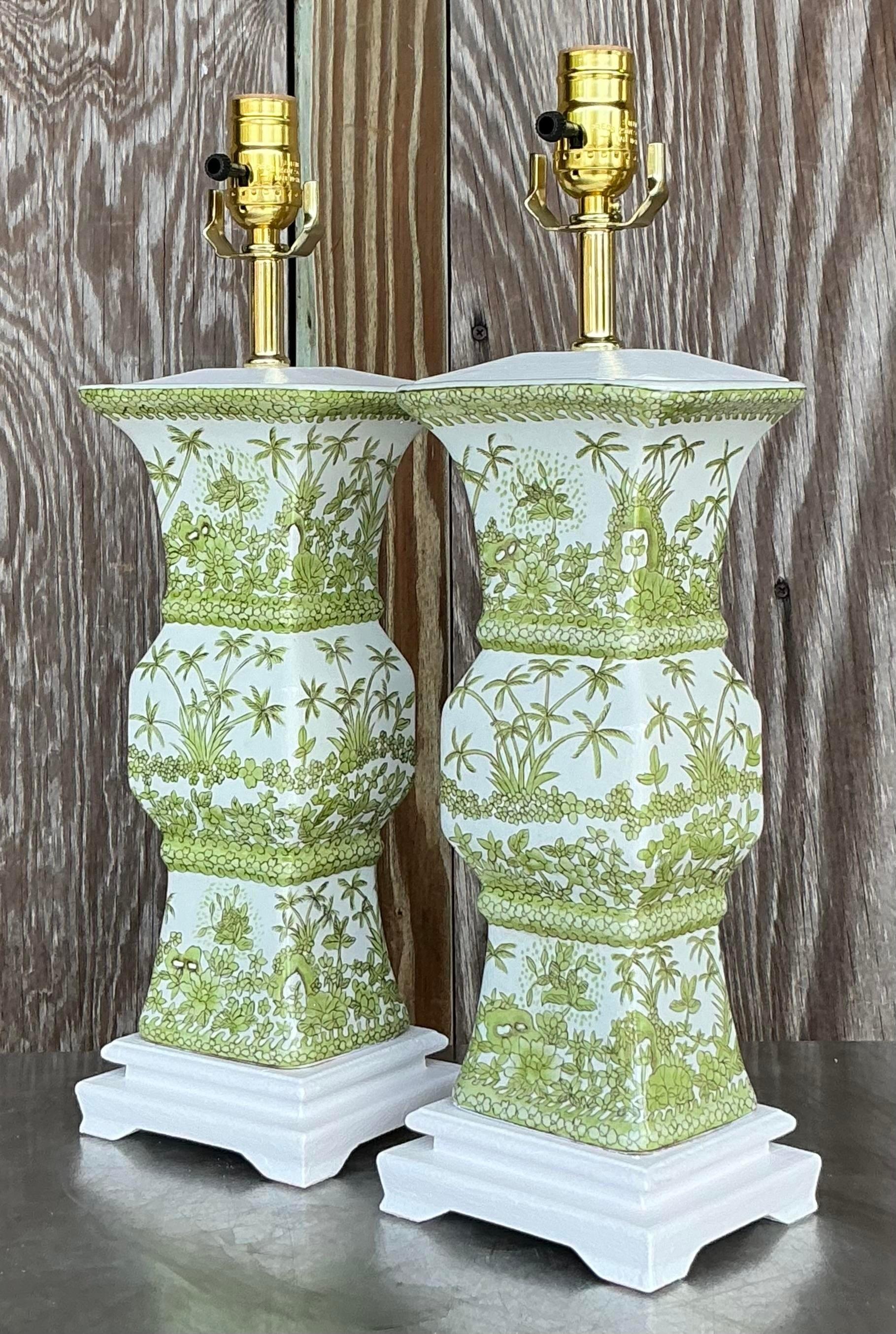 20th Century Vintage Asian Glazed Ceramic Chinoiserie Lamps - a Pair