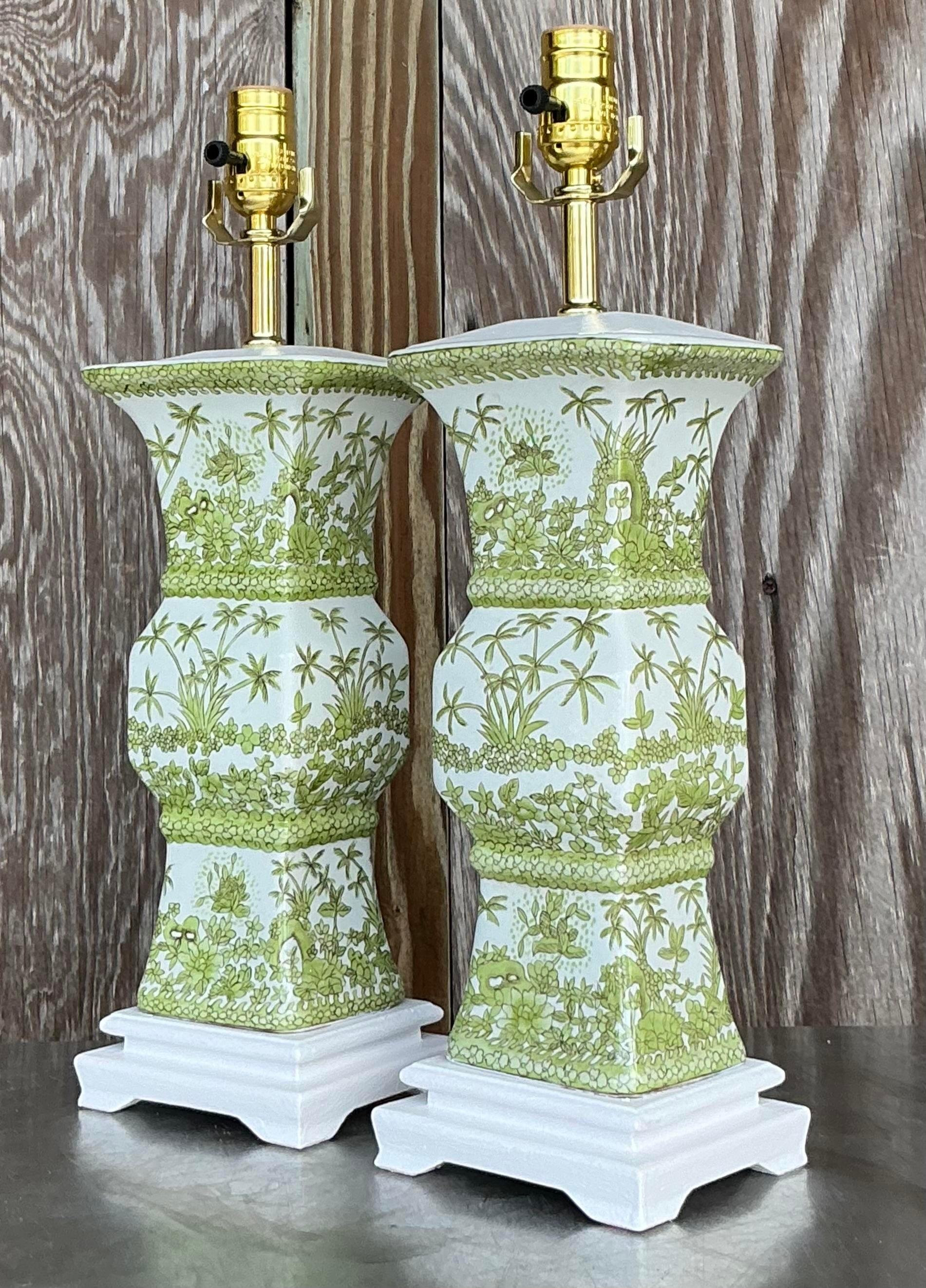 Metal Vintage Asian Glazed Ceramic Chinoiserie Lamps - a Pair