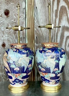Vintage Asian Glazed Ceramic Crane Lamps - a Pair