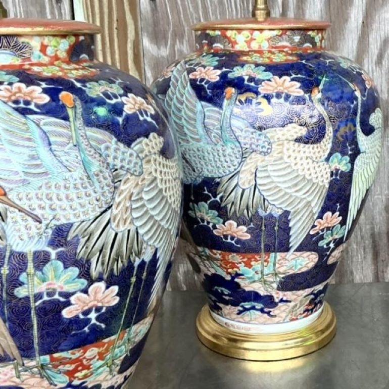 Chinese Vintage Asian Glazed Ceramic Crane Lamps - a Pair For Sale