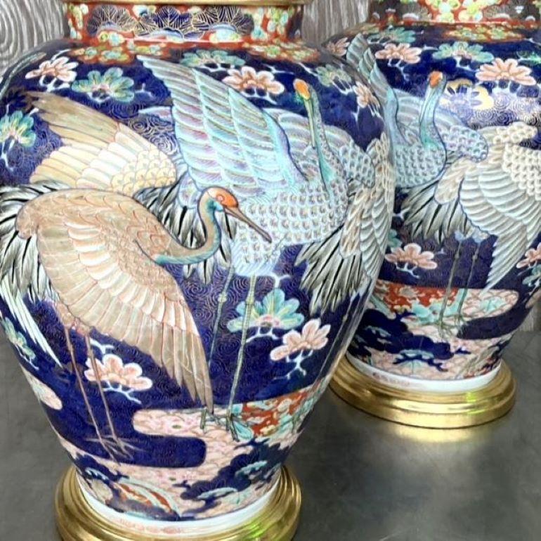 Vintage Asian Glazed Ceramic Crane Lamps - a Pair In Good Condition For Sale In west palm beach, FL