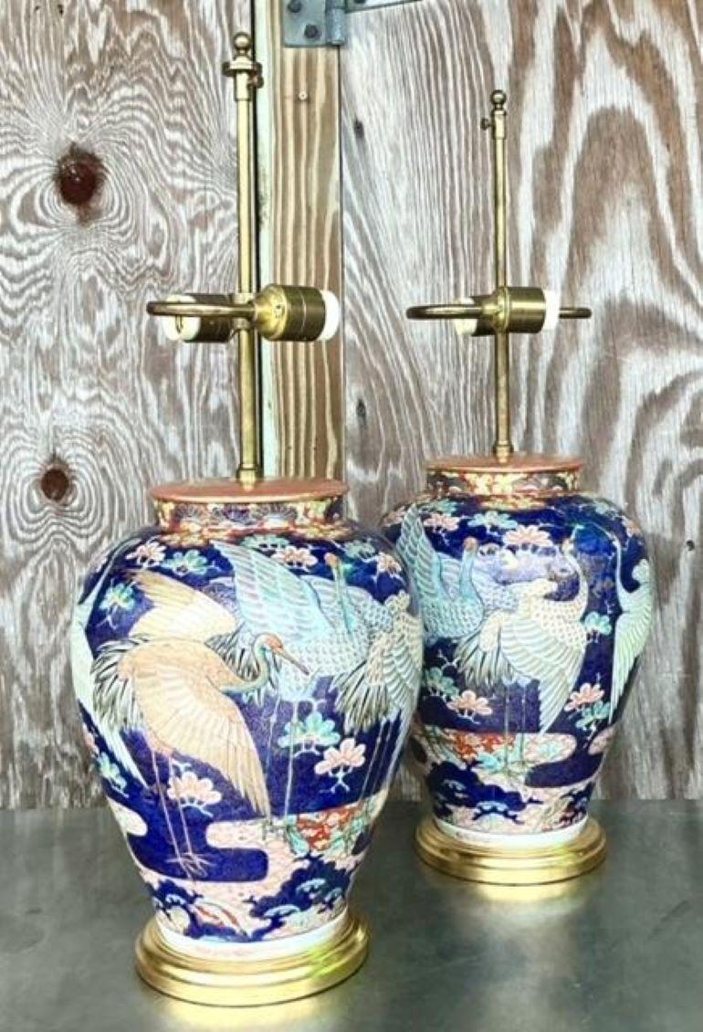 20th Century Vintage Asian Glazed Ceramic Crane Lamps - a Pair For Sale