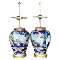 Vintage Asian glasierte Keramik Crane Lampen - ein Paar