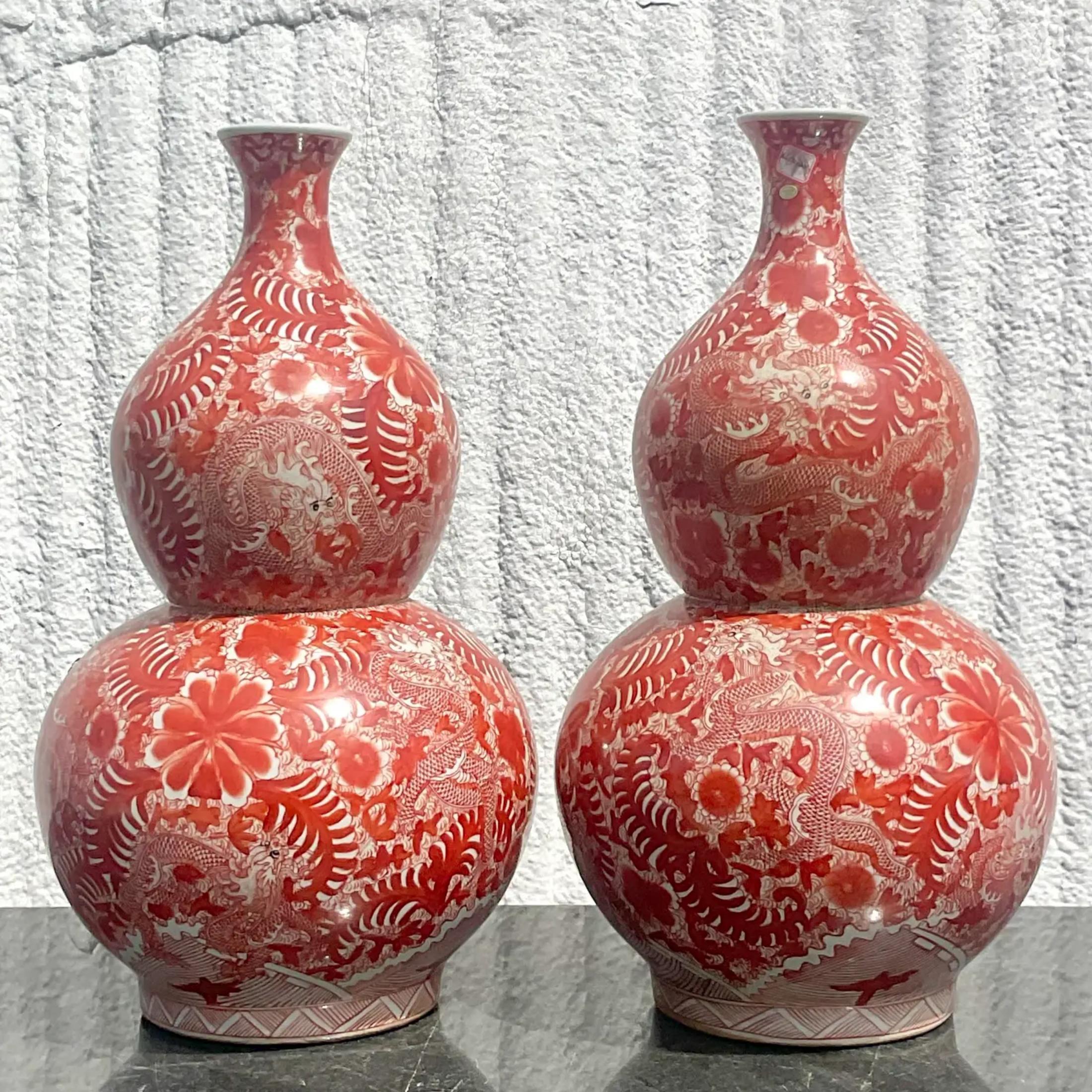 Chinese Chippendale Vintage Asian Glazed Ceramic Double Gourd Lamps - a Pair For Sale