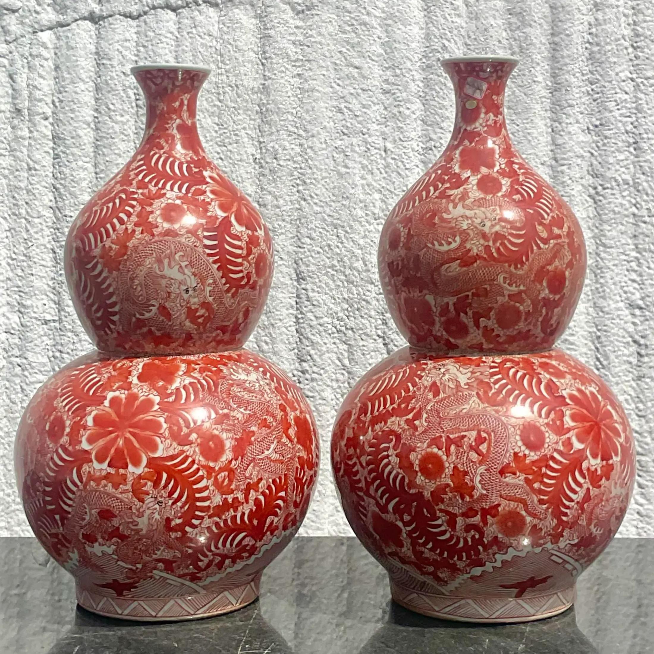 Chinese Vintage Asian Glazed Ceramic Double Gourd Lamps - a Pair For Sale