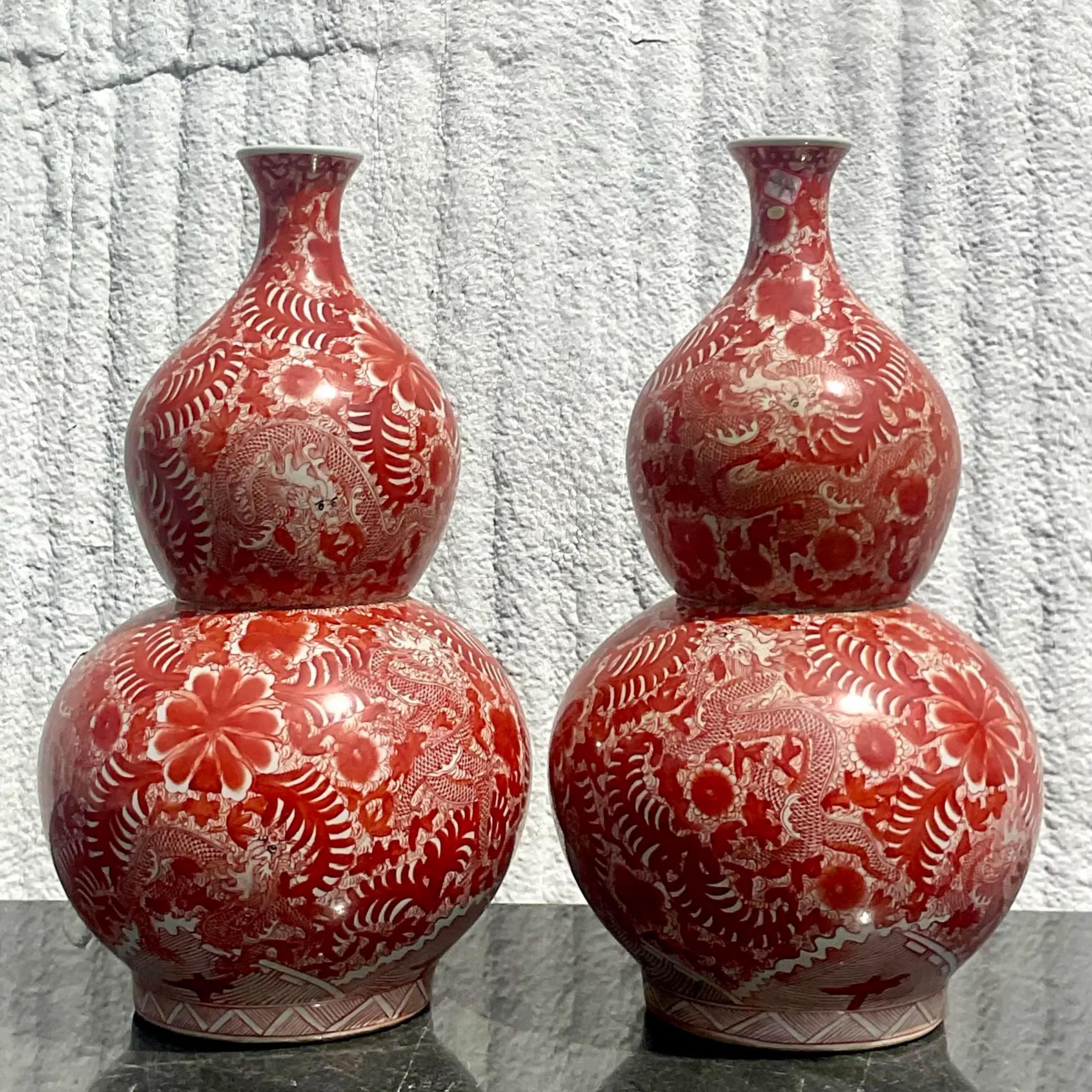 Vintage Asian Glazed Ceramic Double Gourd Lamps - a Pair In Good Condition For Sale In west palm beach, FL