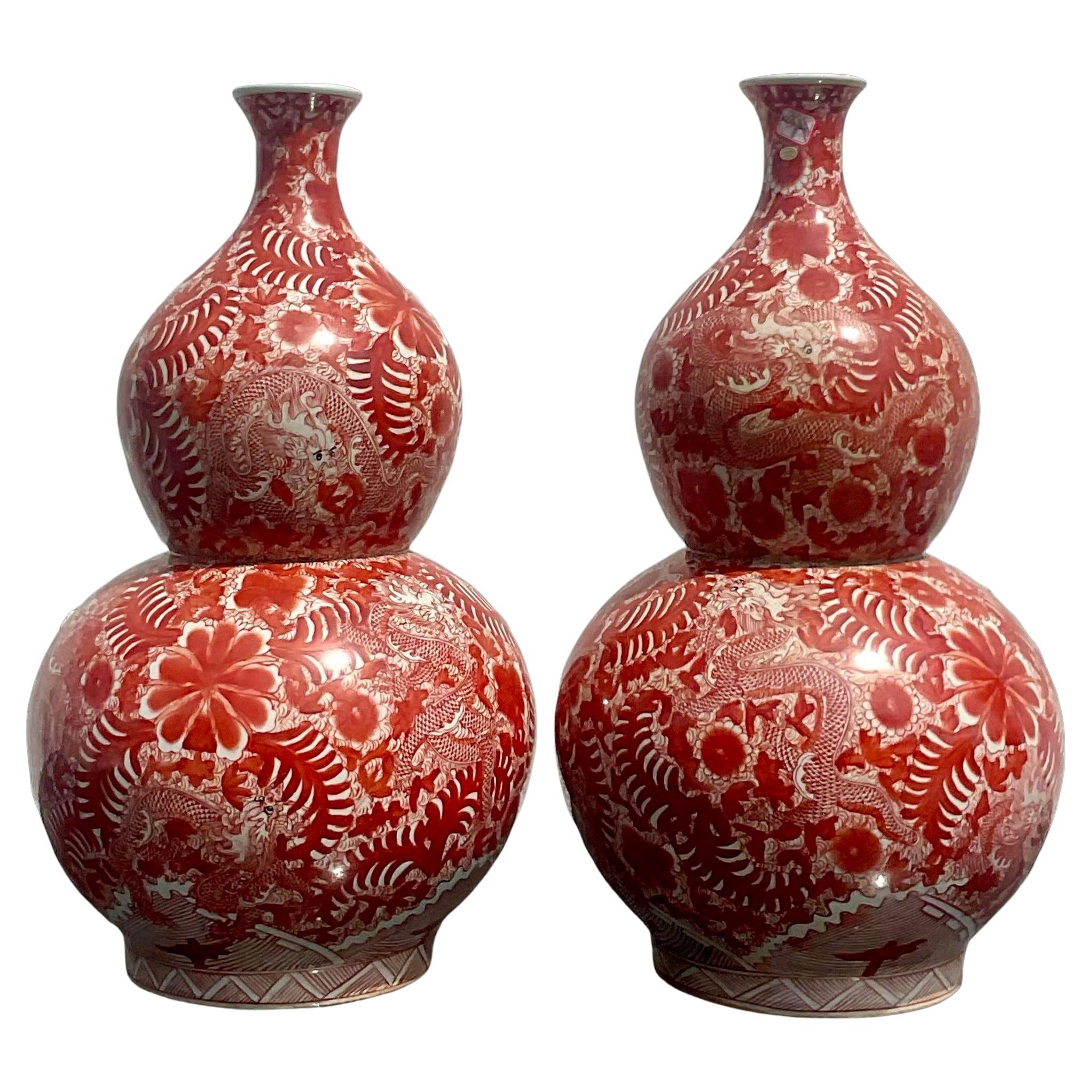 Vintage Asian Glazed Ceramic Double Gourd Vases a Pair For Sale at