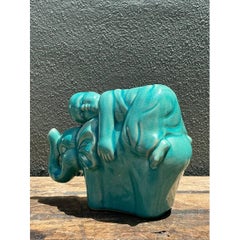 Vintage Asian Glazed Ceramic Elephant and Boy