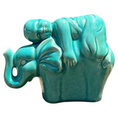 Vintage Asian Glazed Ceramic Elephant and Boy