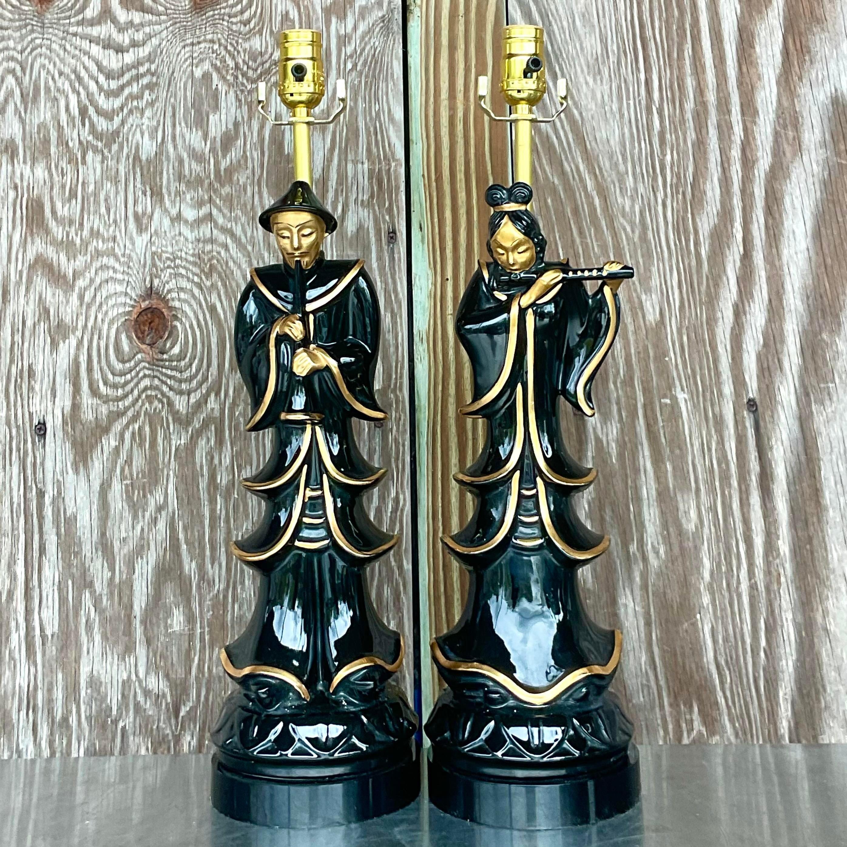 American Vintage Asian Glazed Ceramic Emperor Lamps - a Pair For Sale