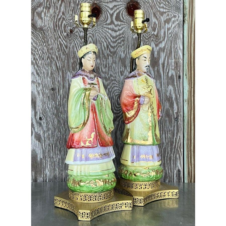 Américain Paire de lampes empereur vintage en céramique glacée asiatique en vente