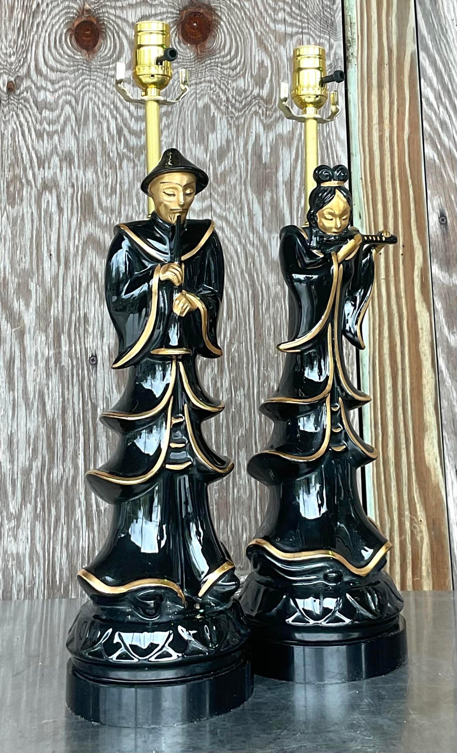 Vintage Asian Glazed Ceramic Emperor Lamps - a Pair In Good Condition For Sale In west palm beach, FL