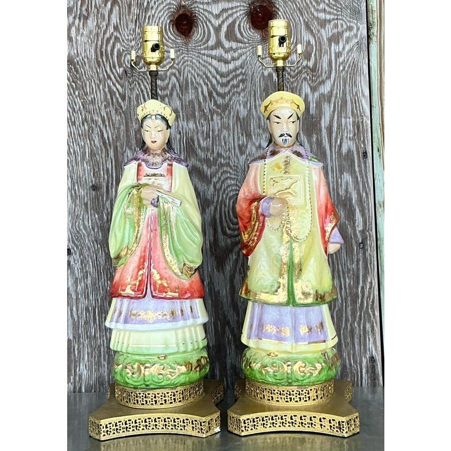 Paire de lampes empereur vintage en céramique glacée asiatique Bon état - En vente à West Palm Beach, FL