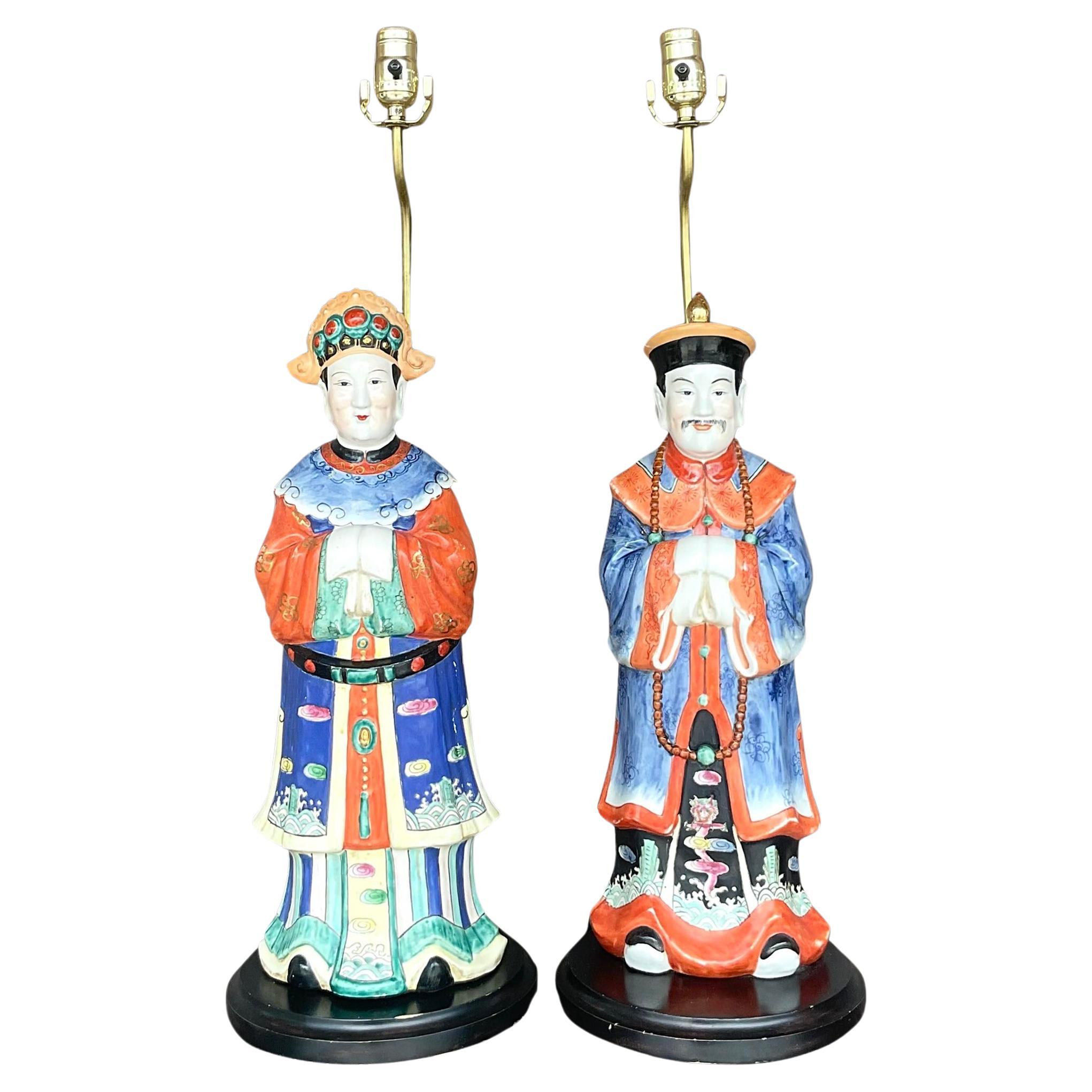 Paire de lampes empereur vintage en céramique glacée asiatique