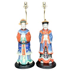 Vintage Asian Glazed Ceramic Emperor Lamps - a Pair