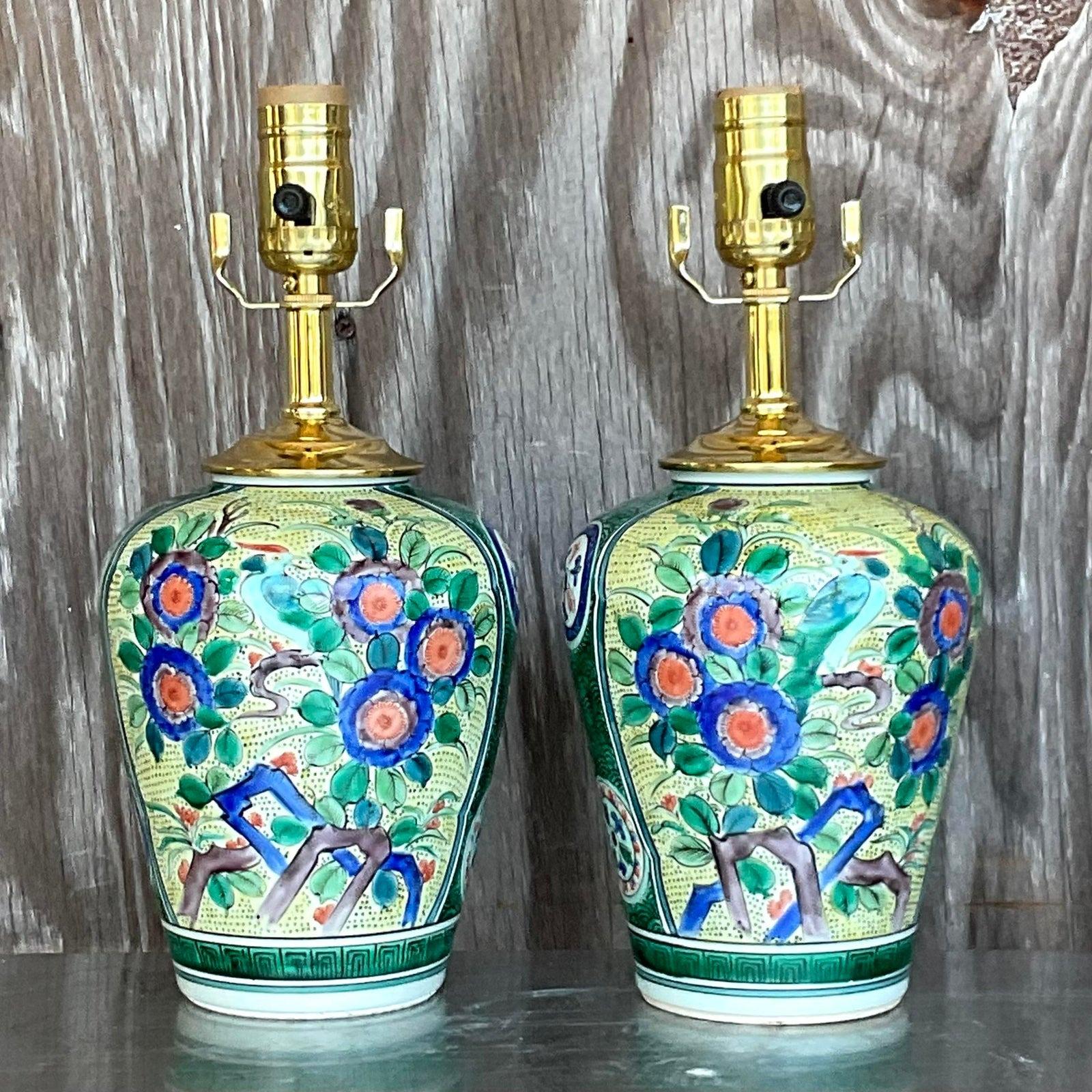 Vintage Asian Glazed Ceramic Floral Table Lamps - a Pair For Sale 5