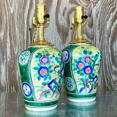 Vintage Asian Glazed Ceramic Floral Table Lamps - a Pair