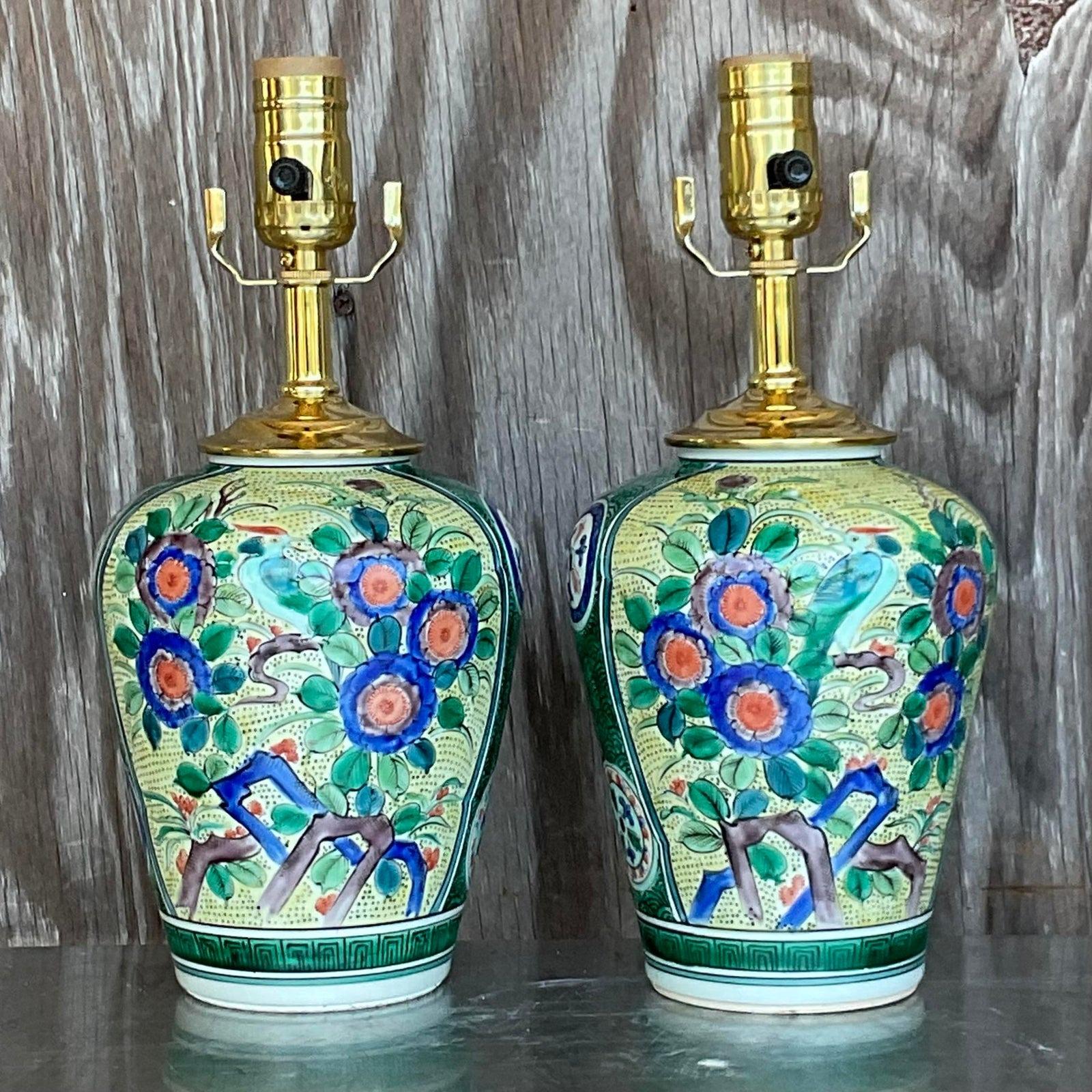 North American Vintage Asian Glazed Ceramic Floral Table Lamps - a Pair For Sale