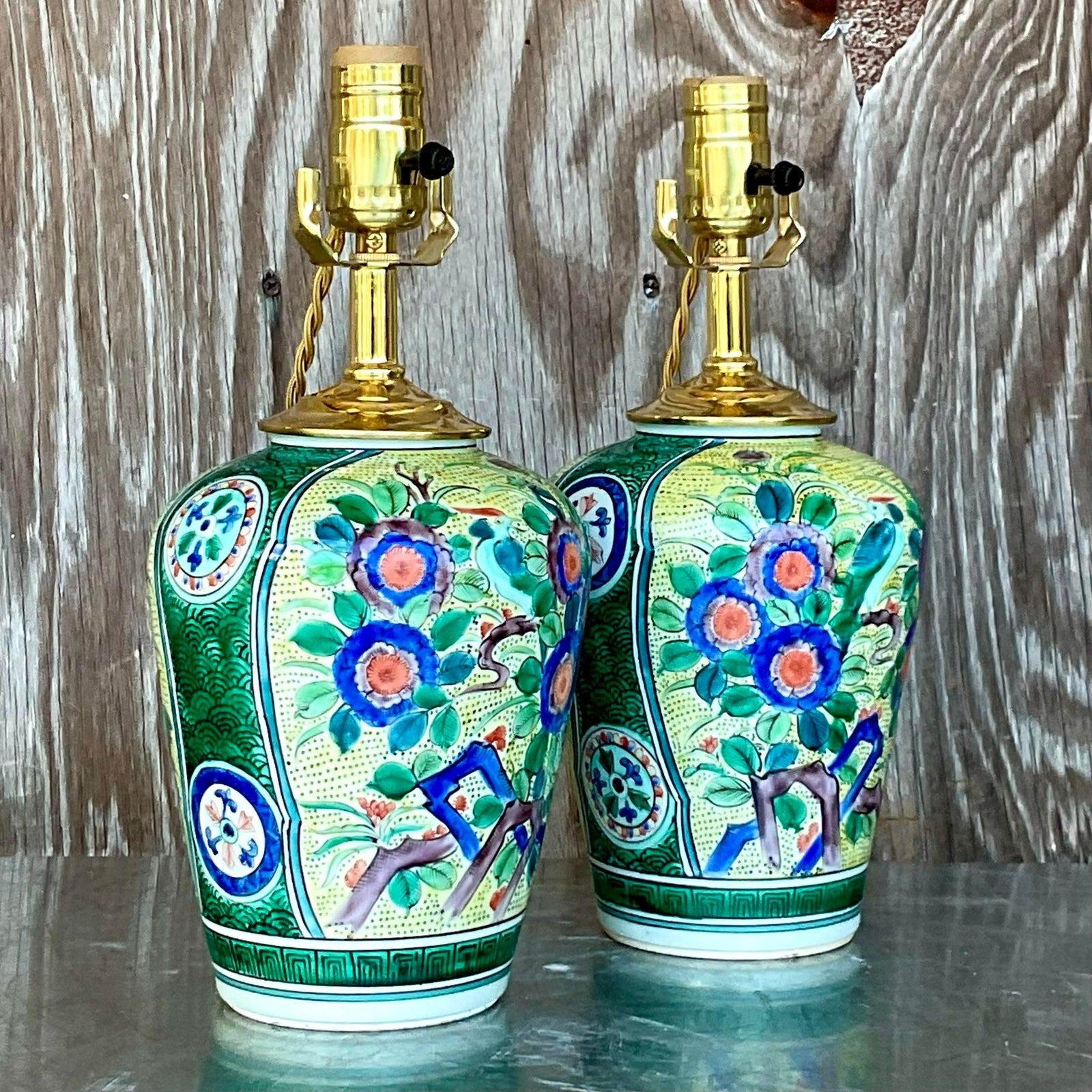 Vintage Asian Glazed Ceramic Floral Table Lamps - a Pair In Good Condition For Sale In west palm beach, FL