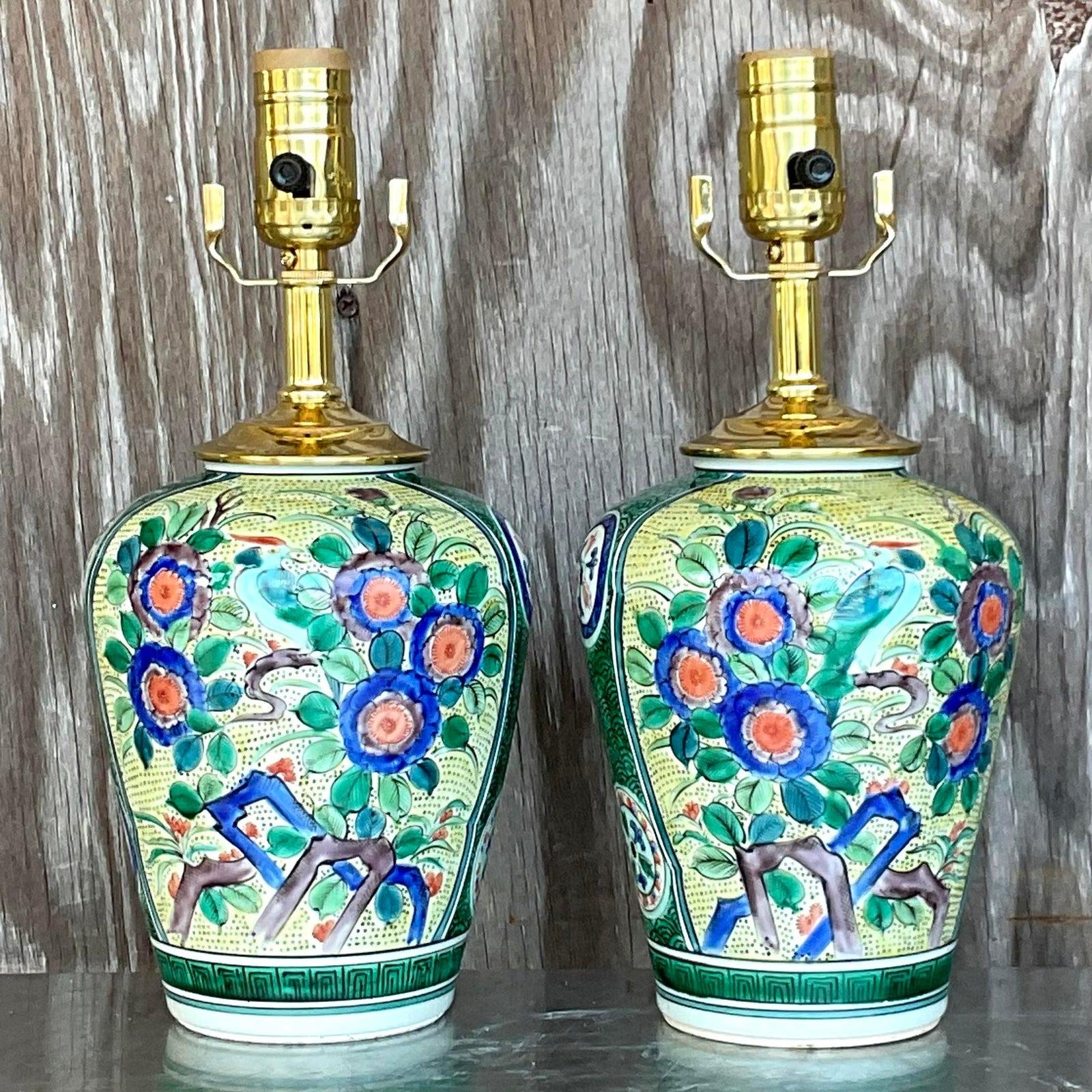 20th Century Vintage Asian Glazed Ceramic Floral Table Lamps - a Pair For Sale