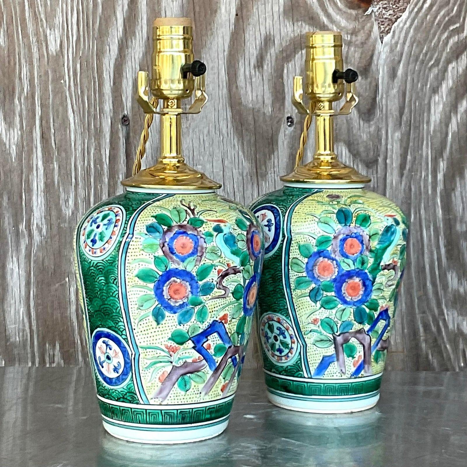 Vintage Asian Glazed Ceramic Floral Table Lamps - a Pair For Sale 1
