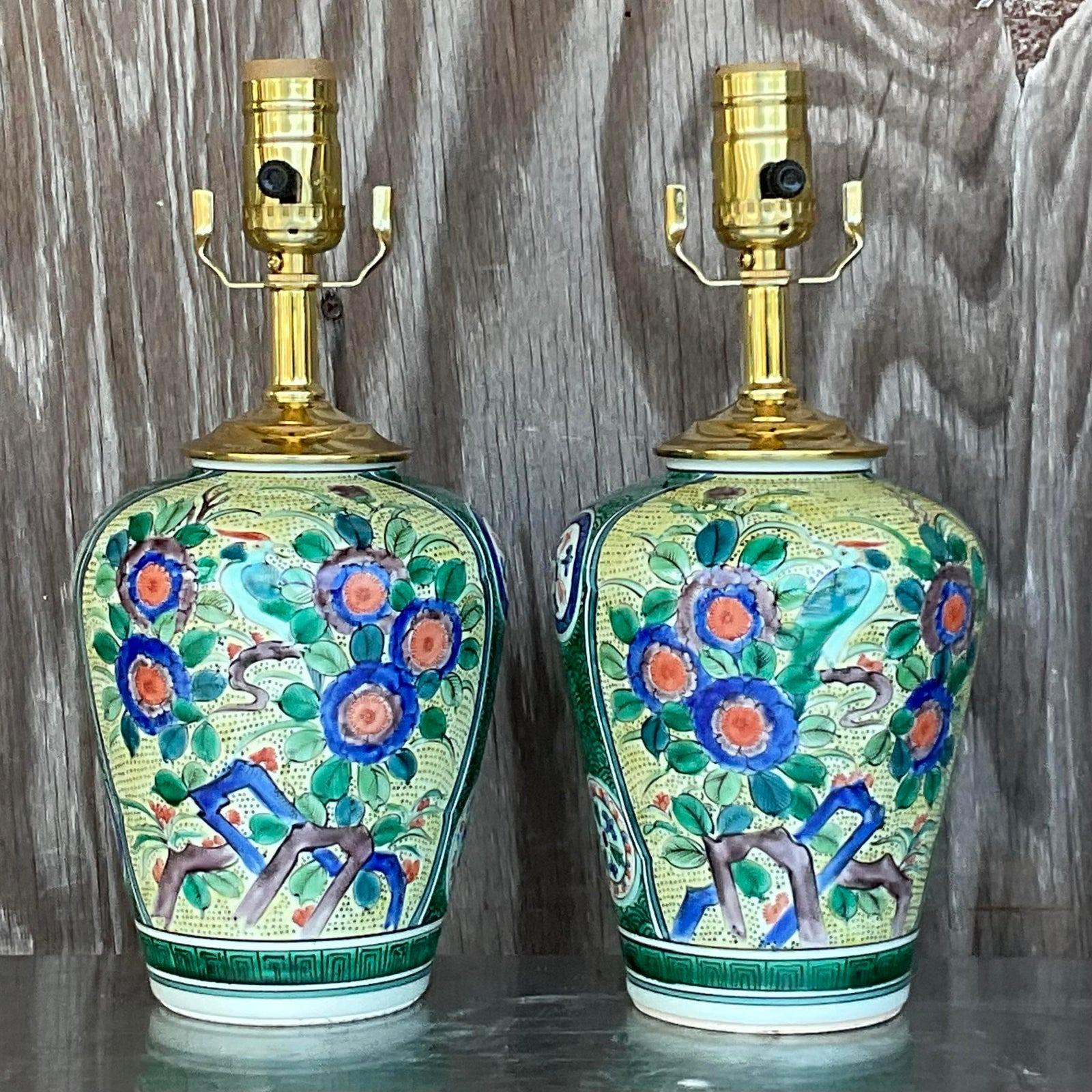 Vintage Asian Glazed Ceramic Floral Table Lamps - a Pair For Sale 2