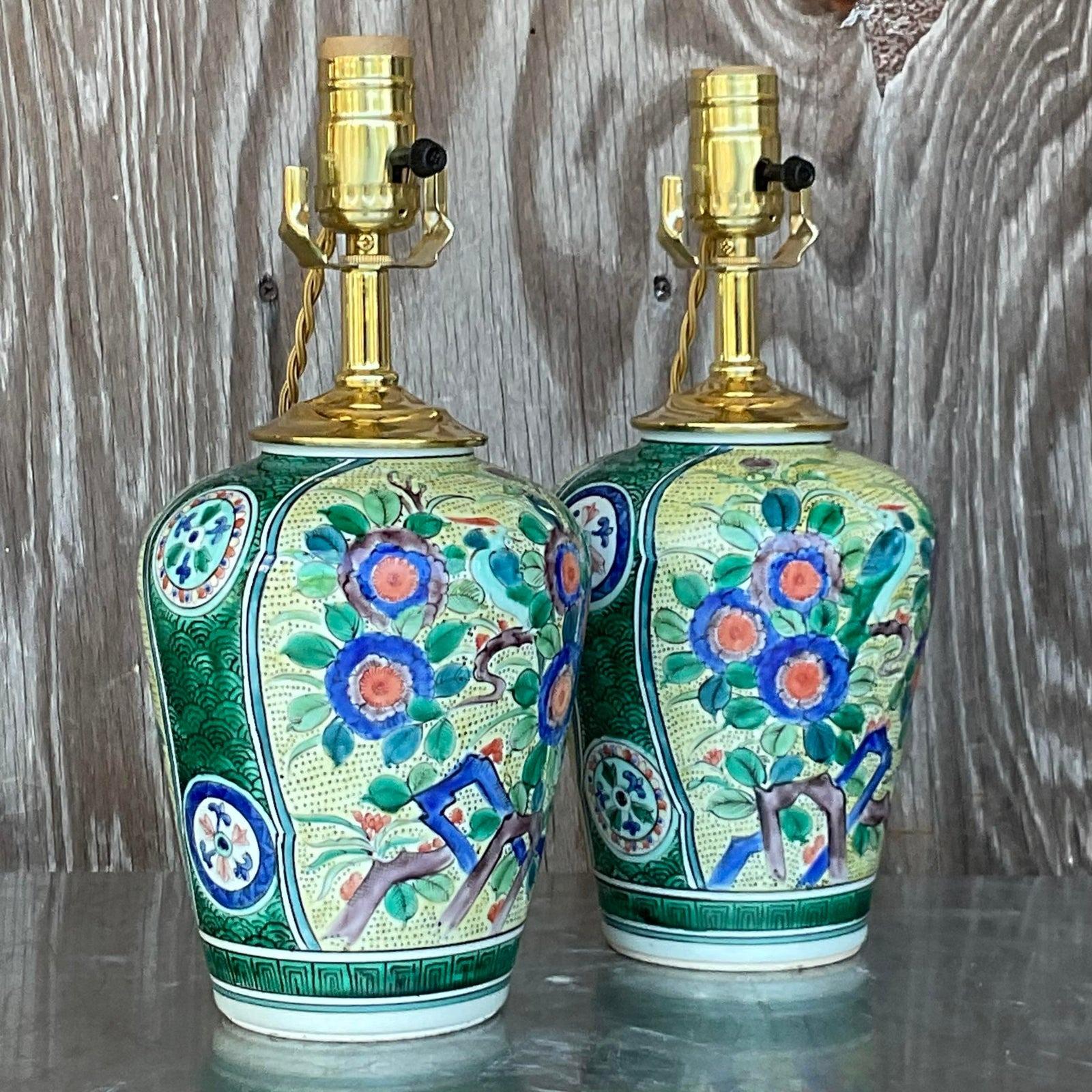 Vintage Asian Glazed Ceramic Floral Table Lamps - a Pair For Sale 3