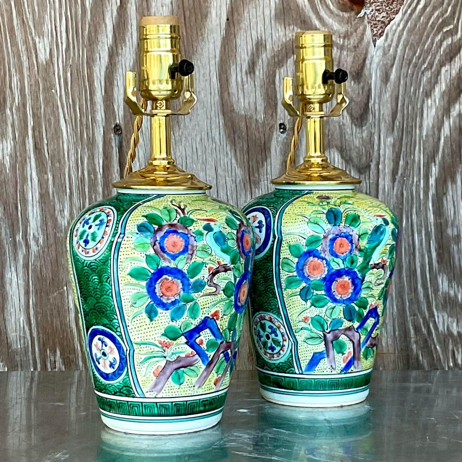 Vintage Asian Glazed Ceramic Floral Table Lamps - a Pair For Sale 4