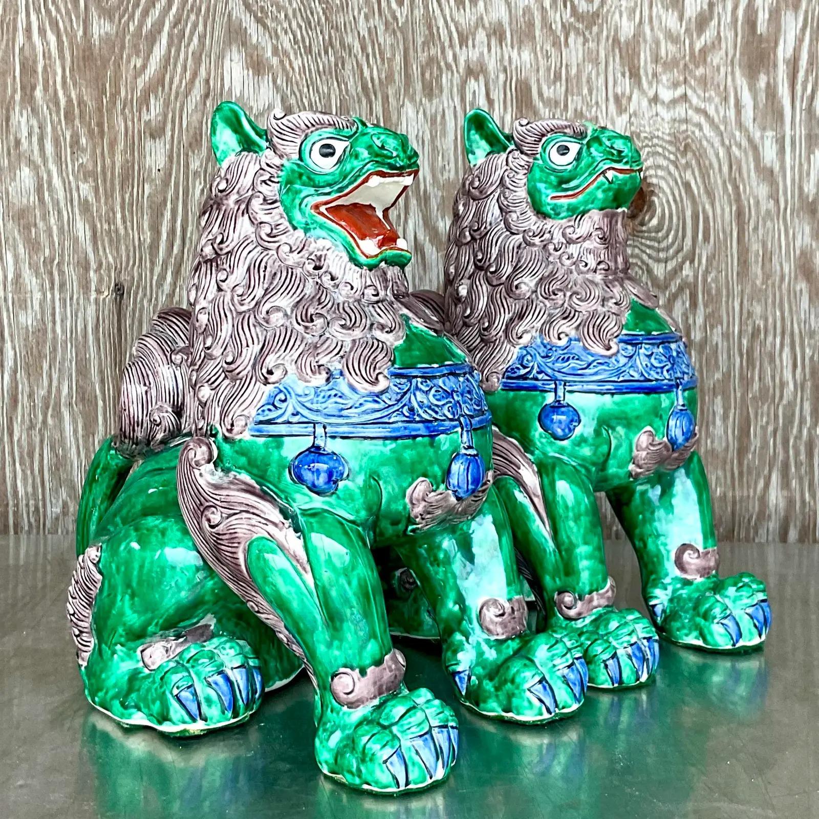 Japanese Vintage Asian Glazed Ceramic Foo Dogs - a Pair For Sale