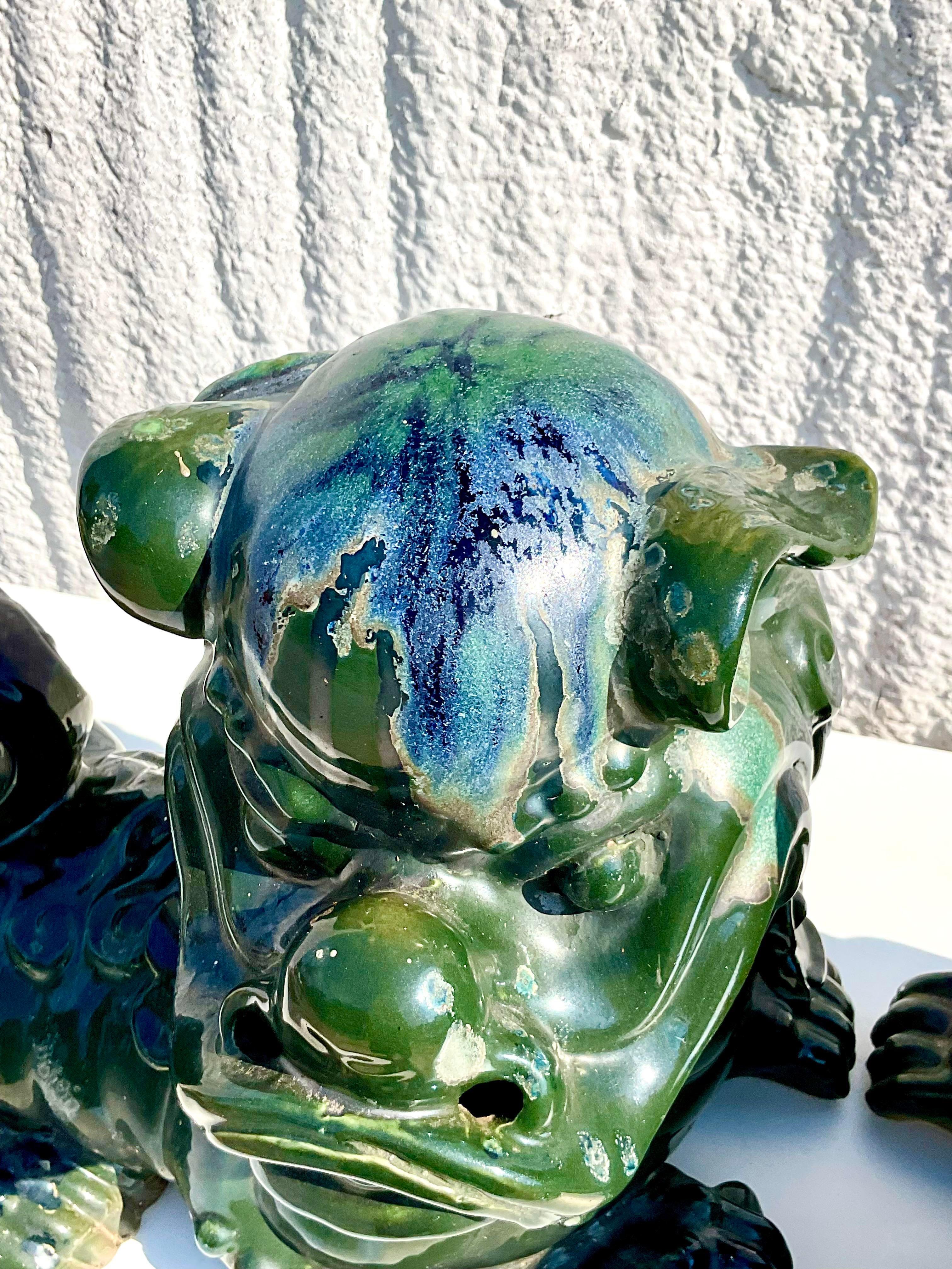 Chinese Export Vintage Asian Glazed Ceramic Foo Dogs - a Pair For Sale