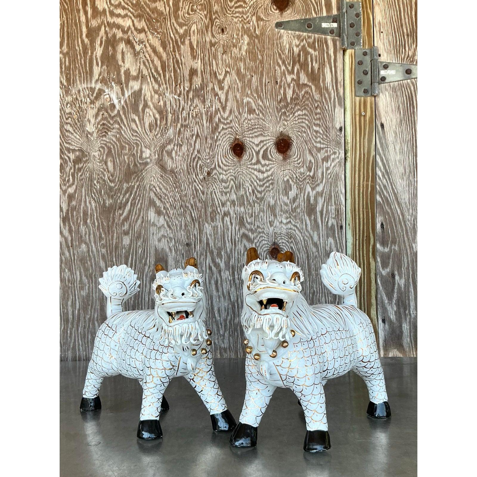 Chinoiserie Vintage Asian Glazed Ceramic Foo Dogs - A Pair For Sale