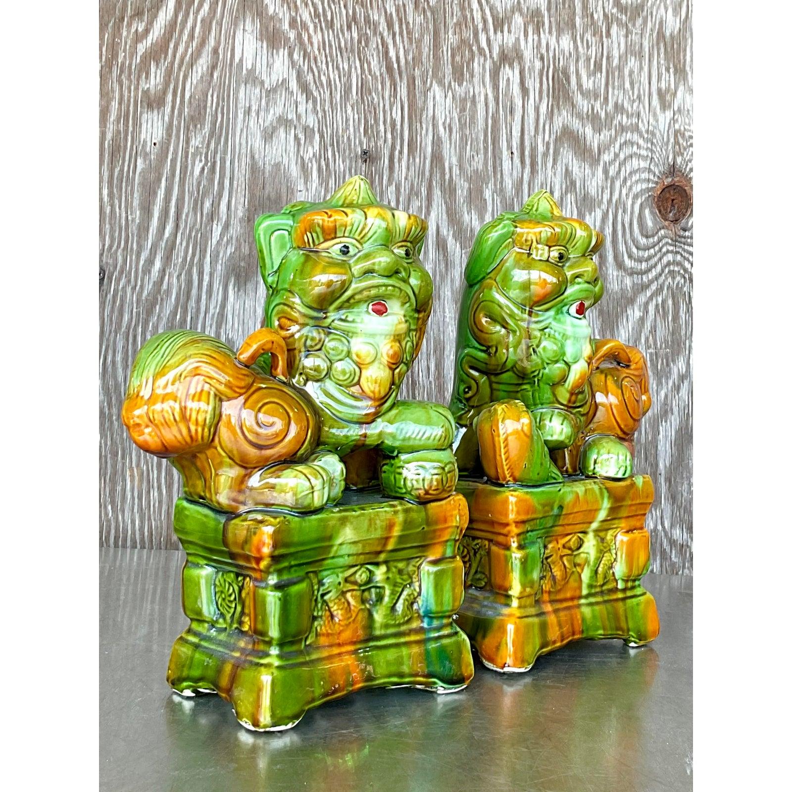 Chinese Vintage Asian Glazed Ceramic Foo Dogs - A Pair For Sale