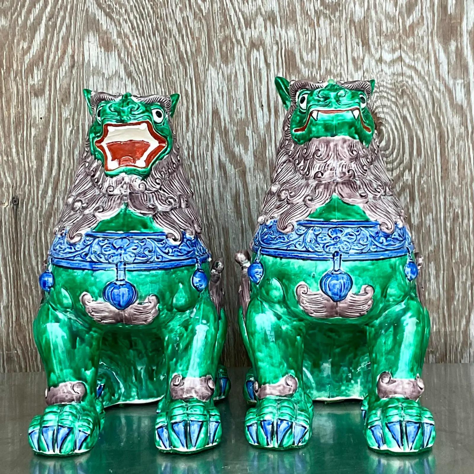 Vintage Asian Glazed Ceramic Foo Dogs - a Pair In Good Condition For Sale In west palm beach, FL