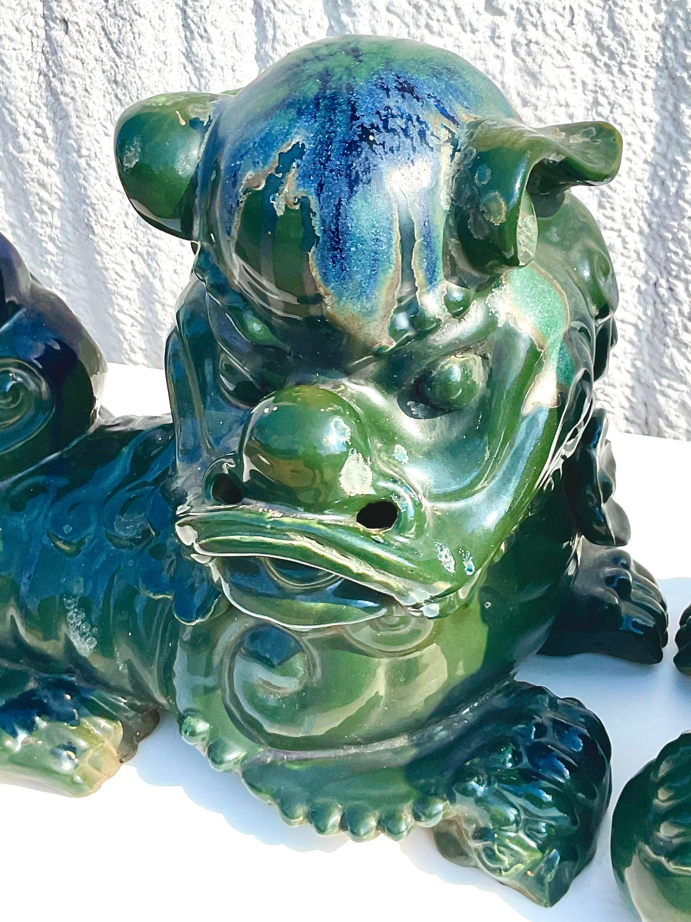 Chinese Vintage Asian Glazed Ceramic Foo Dogs - a Pair For Sale