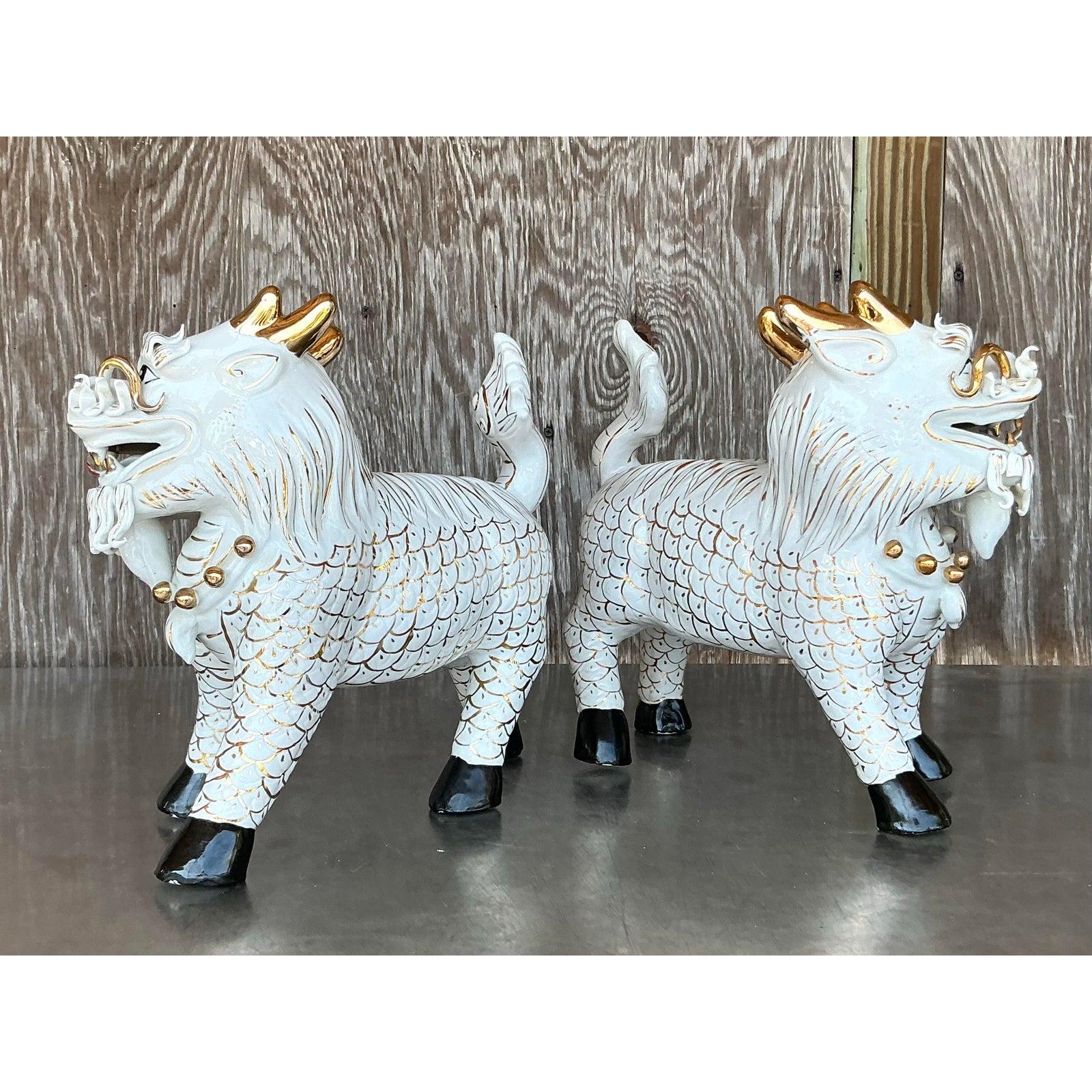 American Vintage Asian Glazed Ceramic Foo Dogs - A Pair For Sale