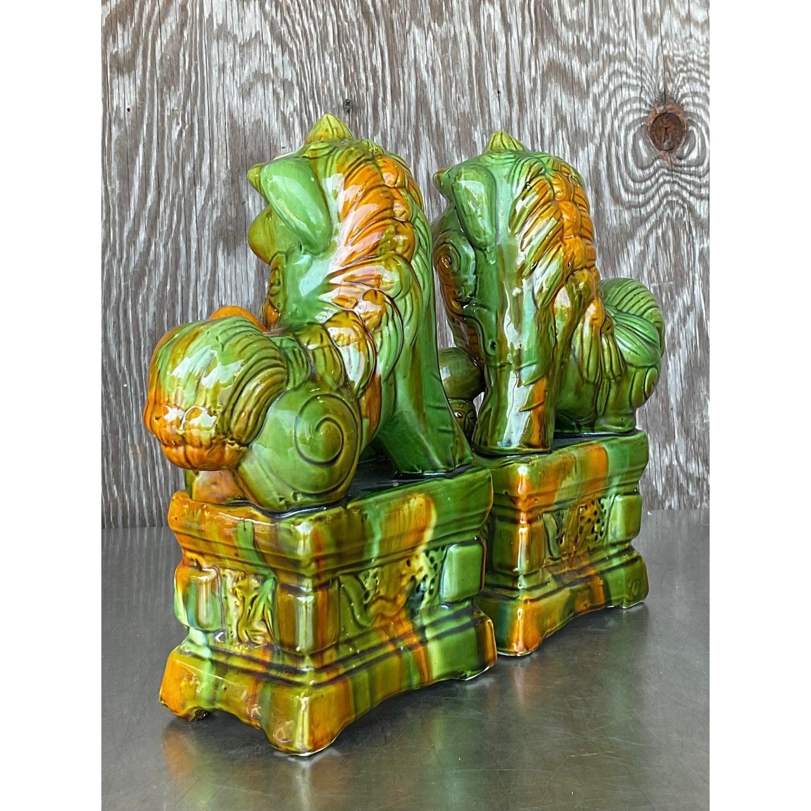 Vintage Asian Glazed Ceramic Foo Dogs - A Pair In Good Condition For Sale In west palm beach, FL