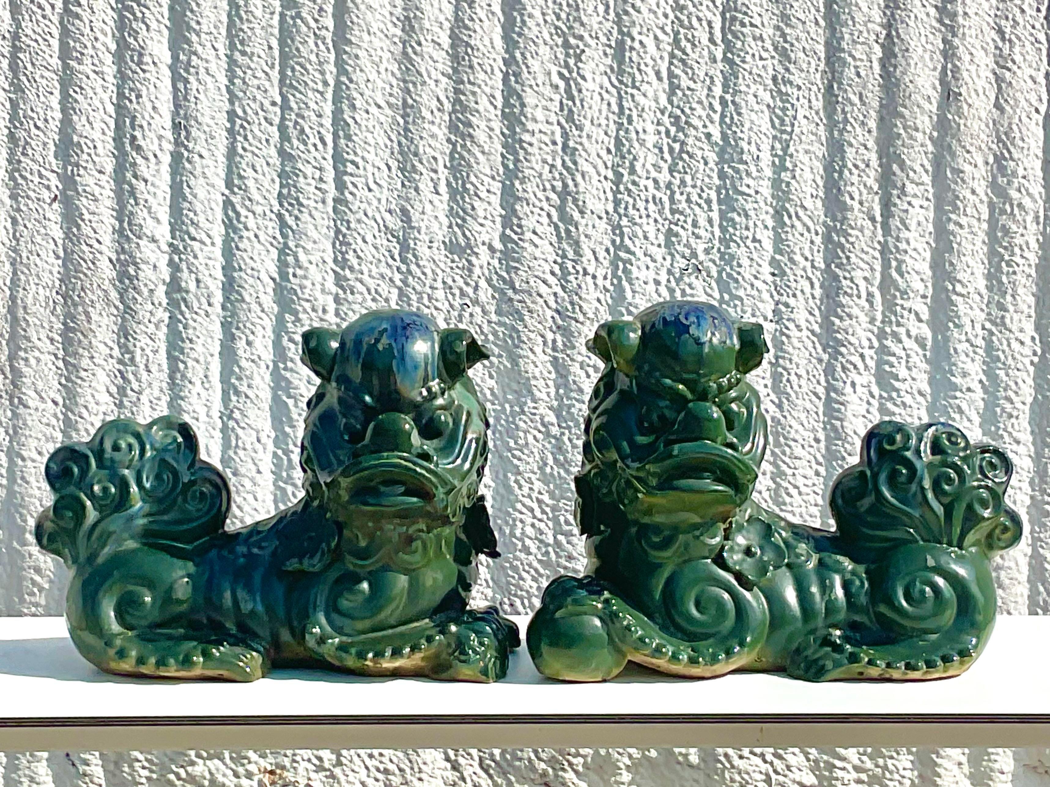 Vintage Asian Glazed Ceramic Foo Dogs - a Pair In Good Condition For Sale In west palm beach, FL
