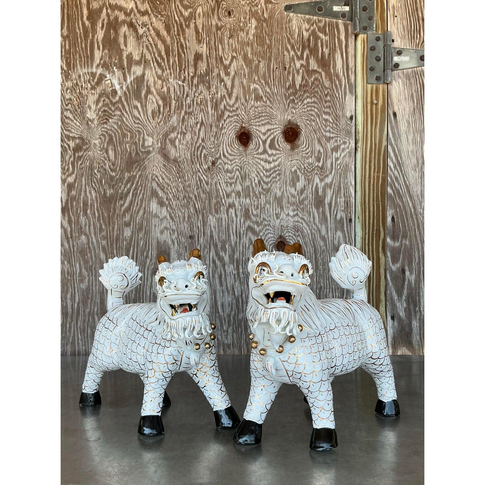 Vintage Asian Glazed Ceramic Foo Dogs - A Pair In Good Condition For Sale In west palm beach, FL