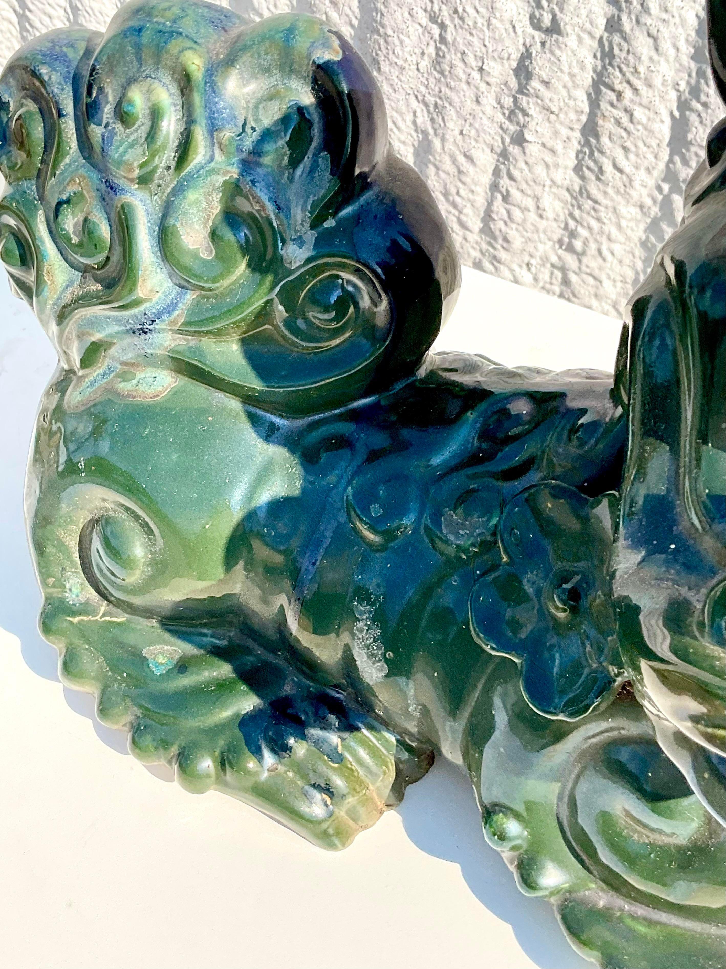 20th Century Vintage Asian Glazed Ceramic Foo Dogs - a Pair For Sale