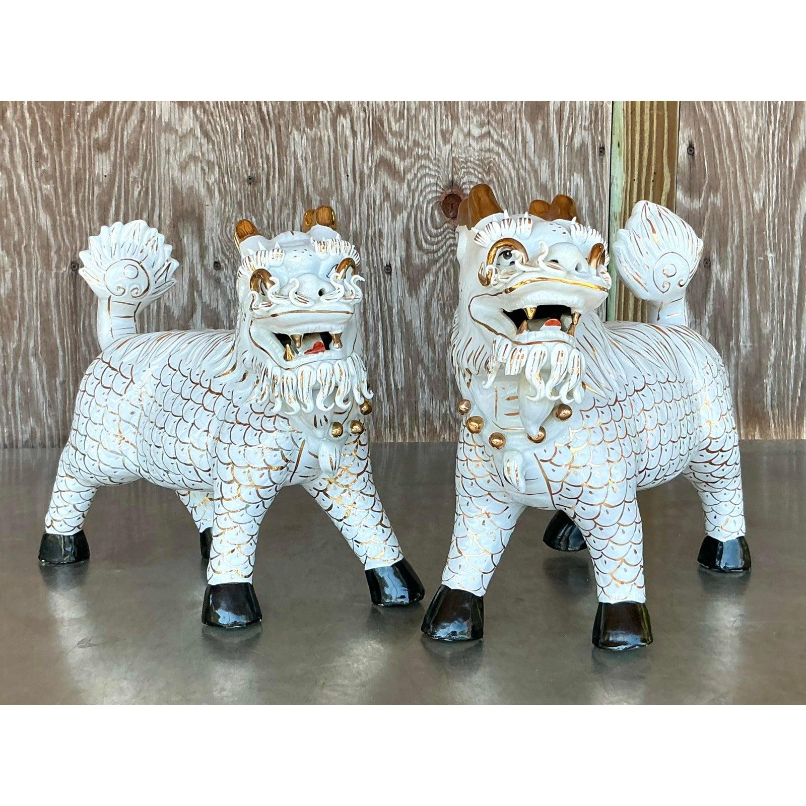 20th Century Vintage Asian Glazed Ceramic Foo Dogs - A Pair For Sale